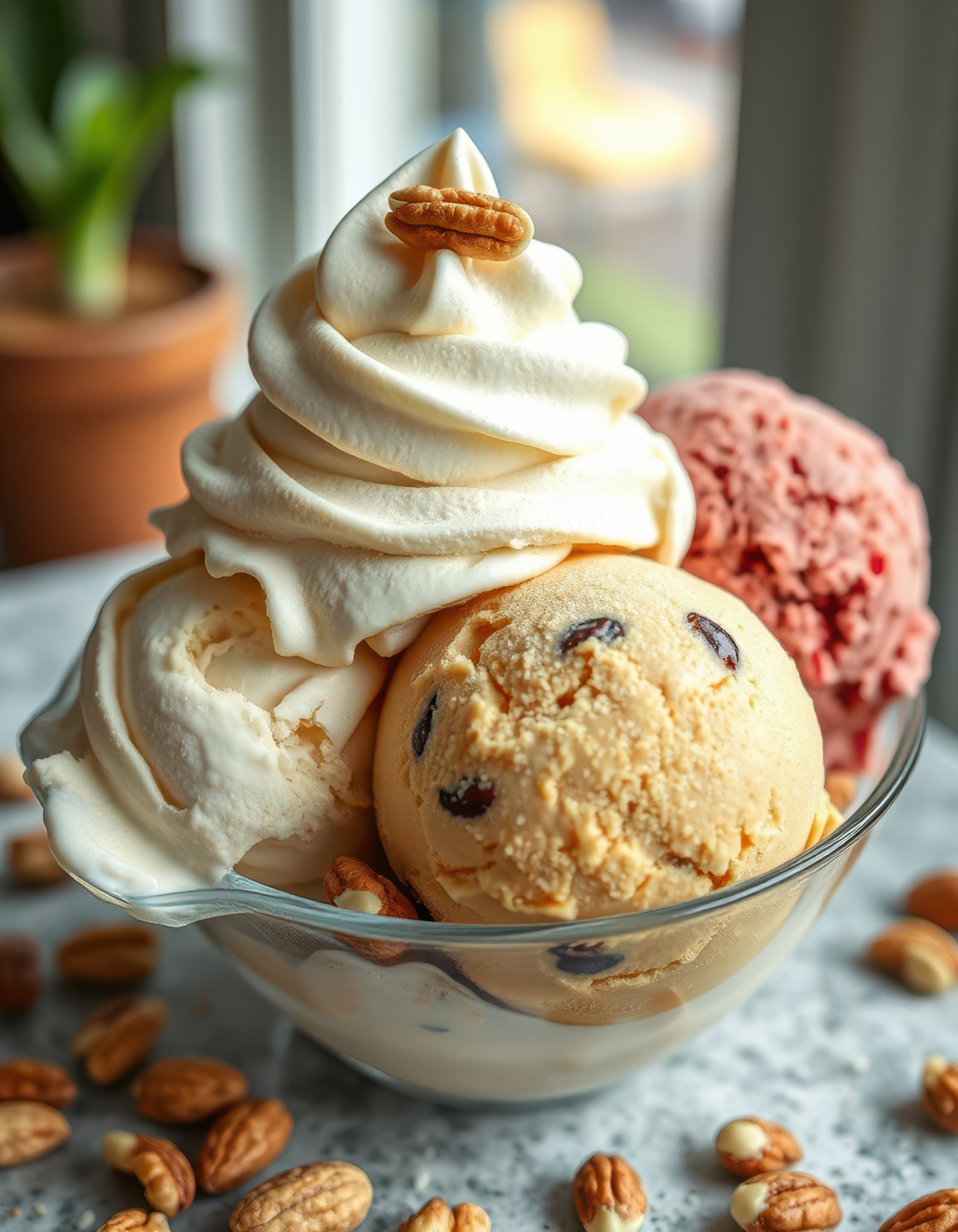 Delicious ice cream sundae served in a bowl with generous toppings during a sunny afternoon